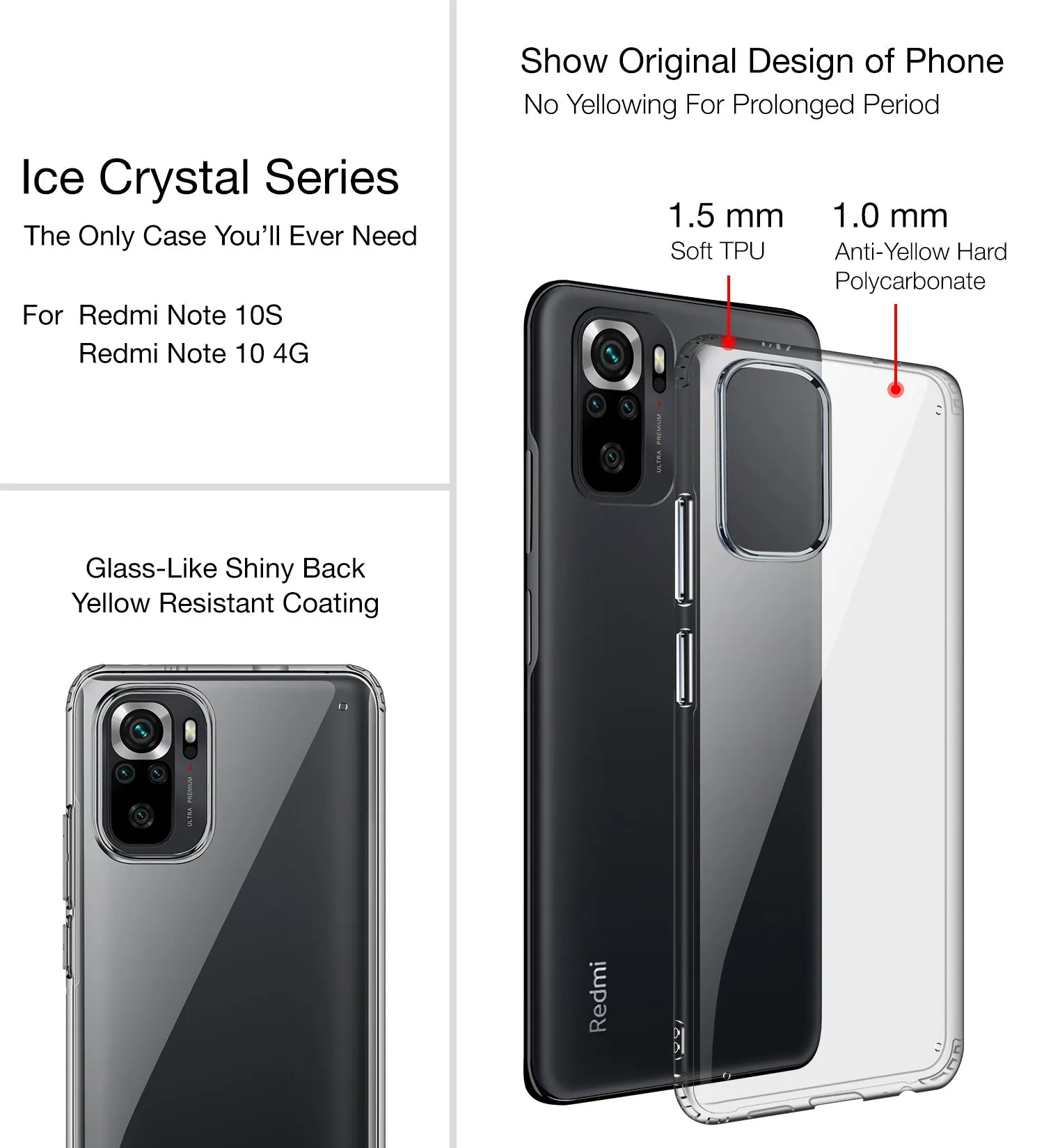 Ice Crystal Series Hybrid Yellow Resistant Transparent PC Military Grade TPU Back Cover for REDMI Note 11 SE, Xiaomi Redmi Note 10, Xiaomi Redmi Note 10S, 6.43 inch, Black Clear