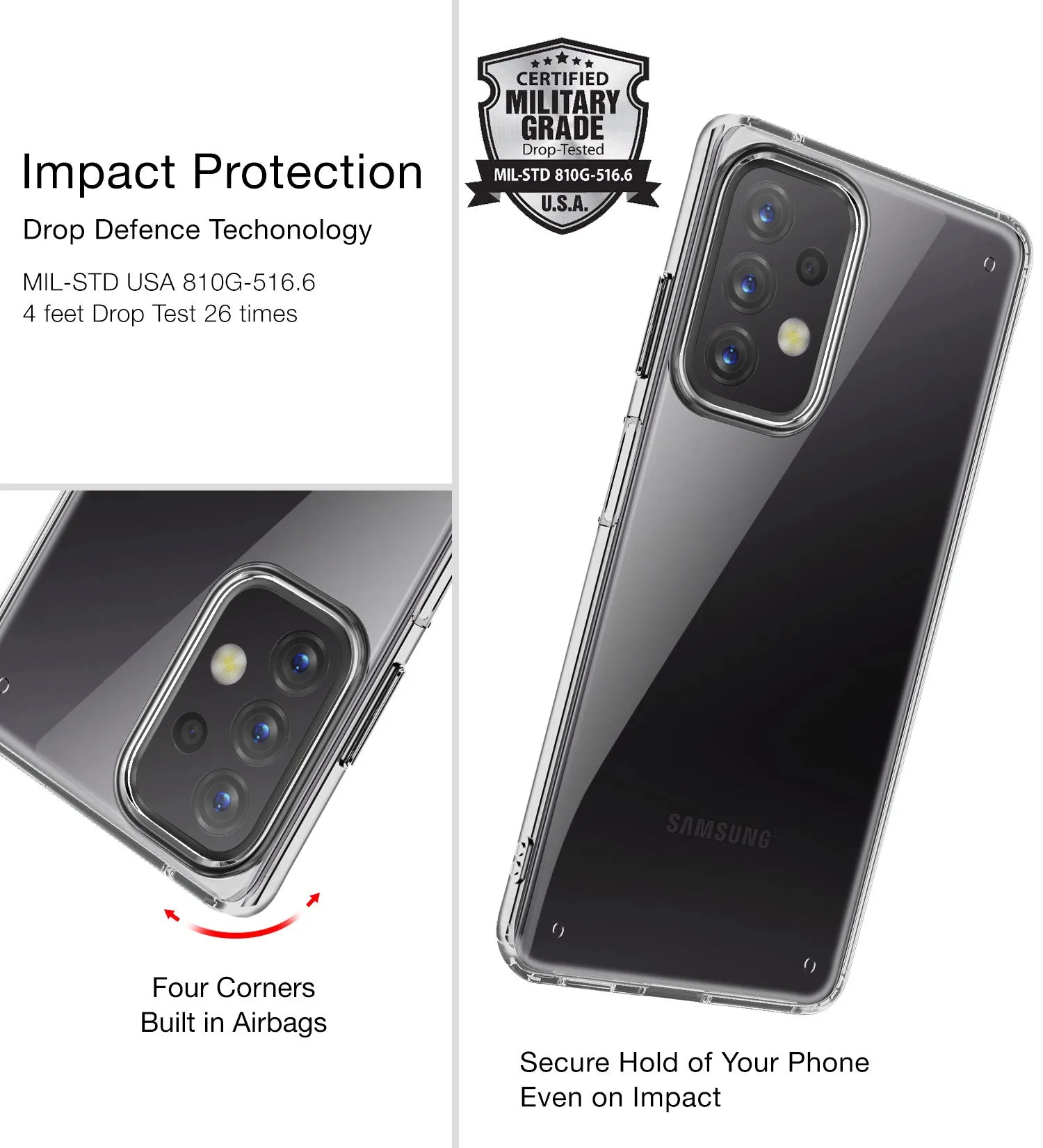 Ice Crystal Series Hybrid Yellow Resistant Transparent PC Military Grade TPU Back Cover for Samsung Galaxy A23 5G, Samsung Galaxy A23 4G, 6.6 inch, Black Clear