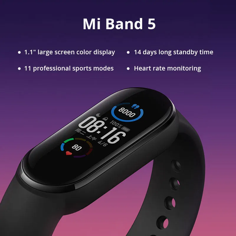 In Stock Xiaomi Mi Band 5 Smart Bracelet 1.1" AMOLED Colorful Screen Heart Rate Fitness Tracker Bluetooth 5.0 Waterproof Miband5