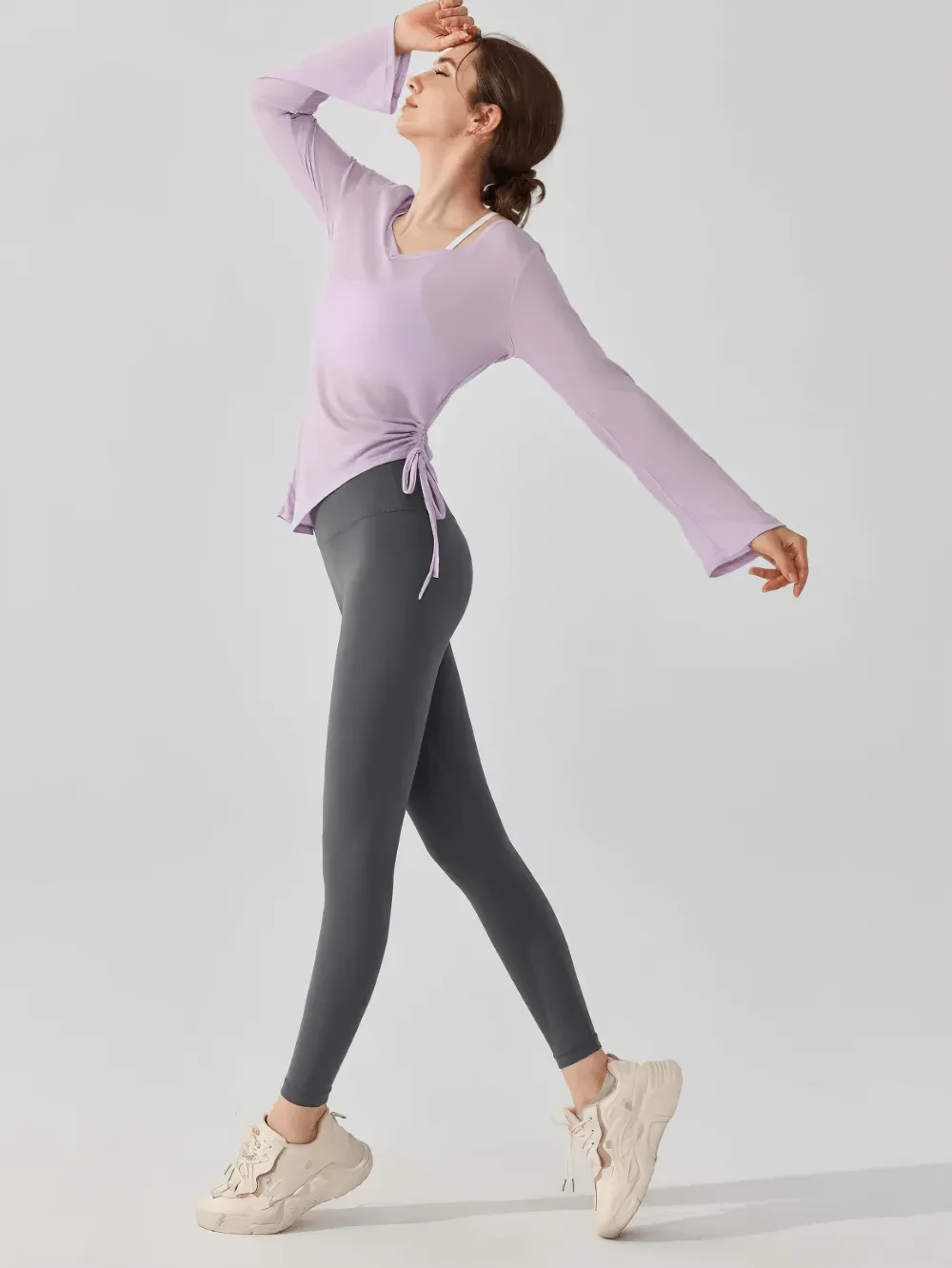 Long-Sleeve Yoga Top with Ruched Side Tie Detail - SF2316