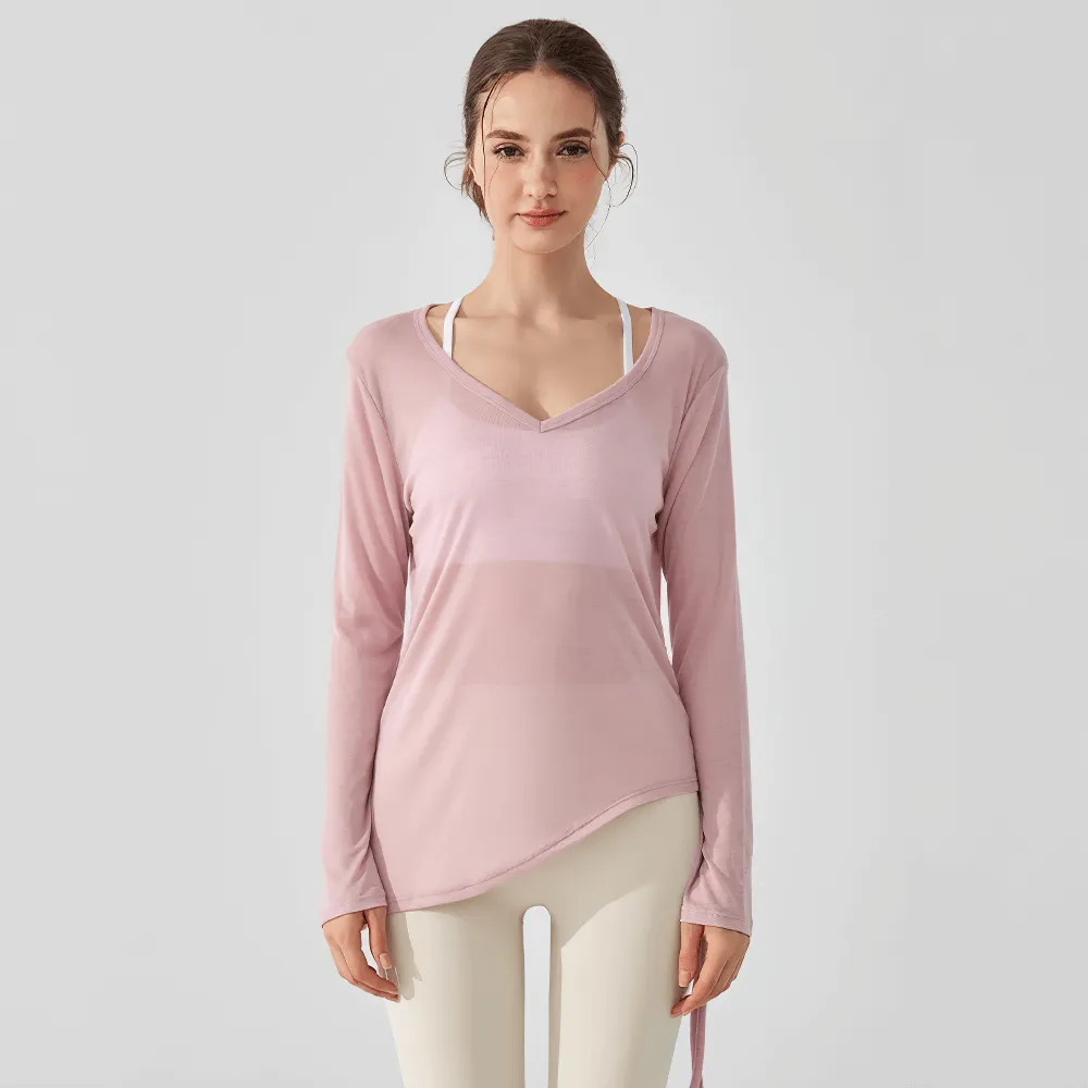 Long-Sleeve Yoga Top with Ruched Side Tie Detail - SF2316