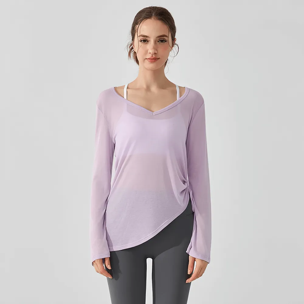 Long-Sleeve Yoga Top with Ruched Side Tie Detail - SF2316
