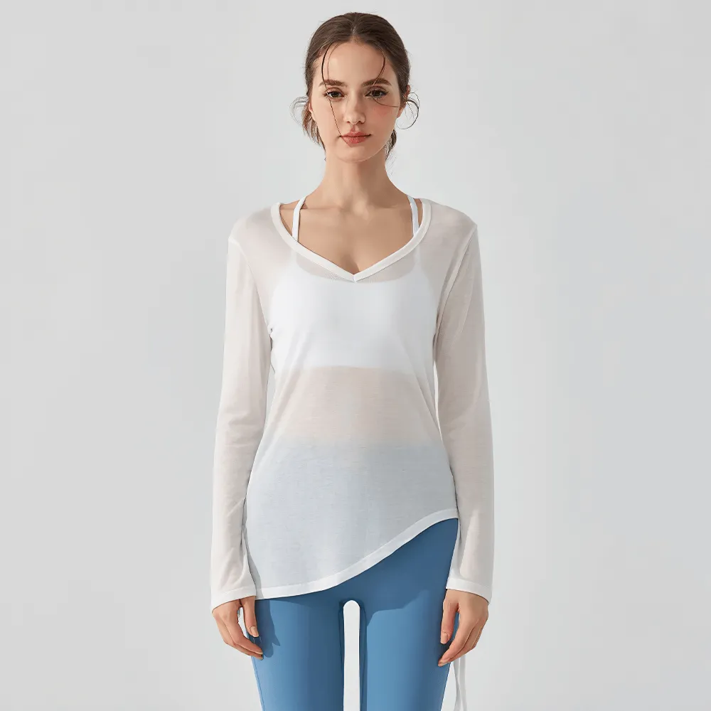 Long-Sleeve Yoga Top with Ruched Side Tie Detail - SF2316