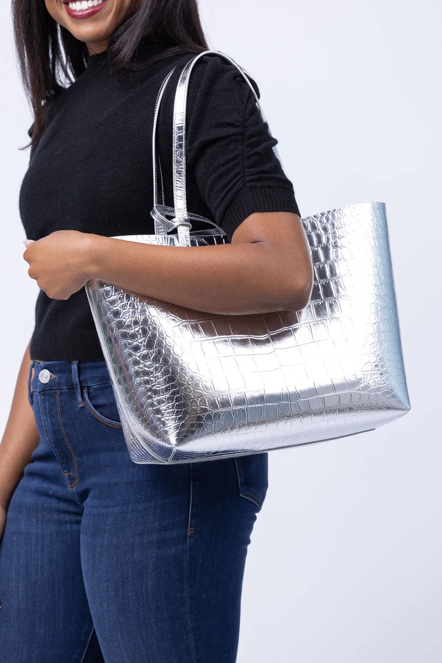 Mansur Gavriel Large Metallic Croc Tote in Silver