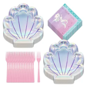 Mermaid Shine Party Supplies - Metallic Clam Shell Shaped Paper Dinner Plates, Lunch Napkins, and Forks (Serves 16)