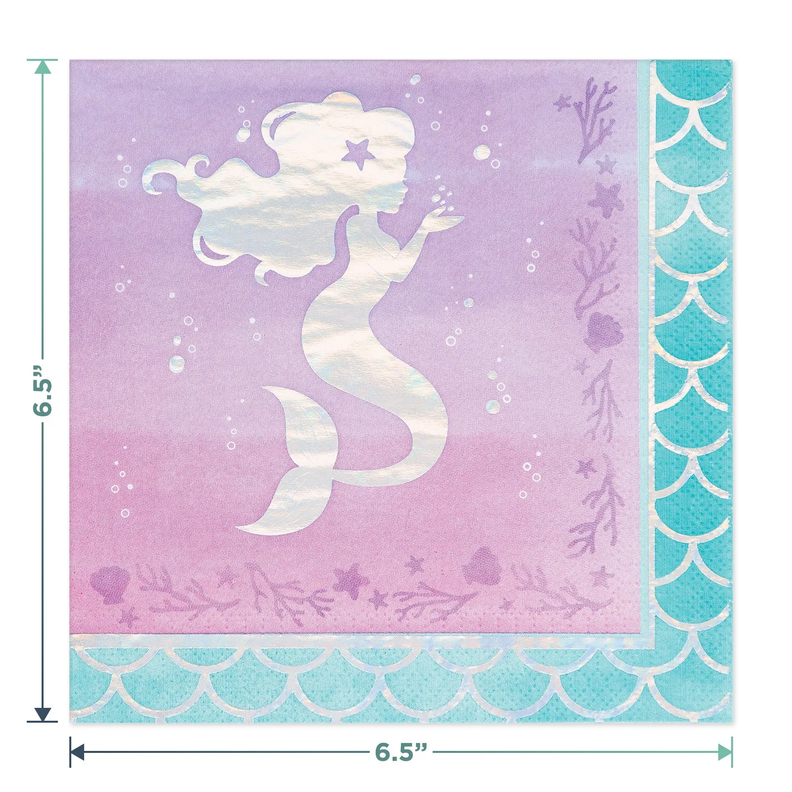 Mermaid Shine Party Supplies - Metallic Clam Shell Shaped Paper Dinner Plates, Lunch Napkins, and Forks (Serves 16)