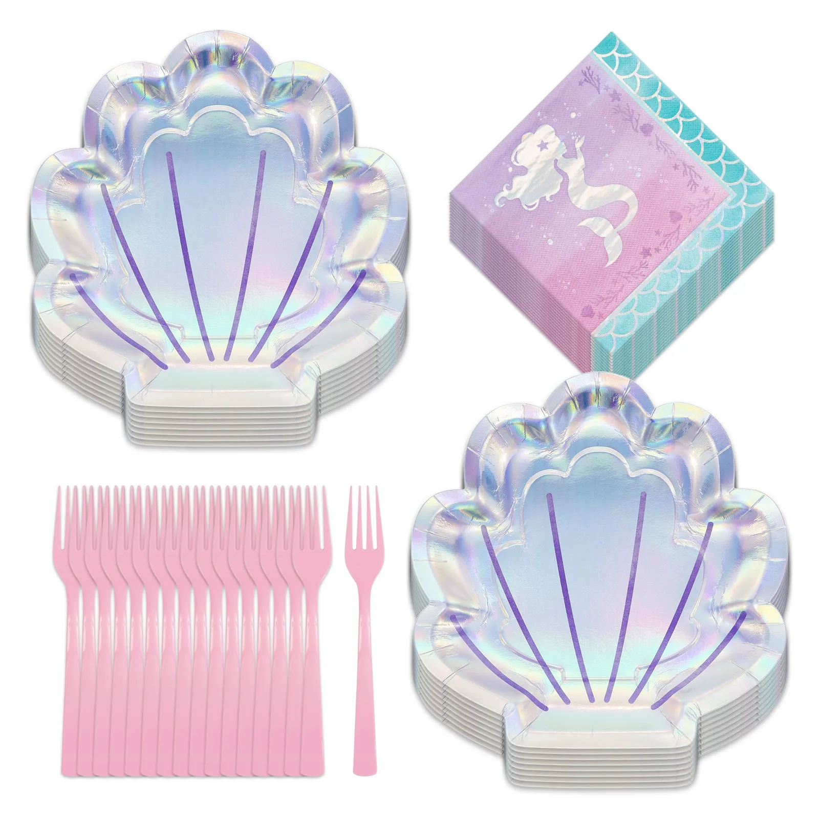 Mermaid Shine Party Supplies - Metallic Clam Shell Shaped Paper Dinner Plates, Lunch Napkins, and Forks (Serves 16)