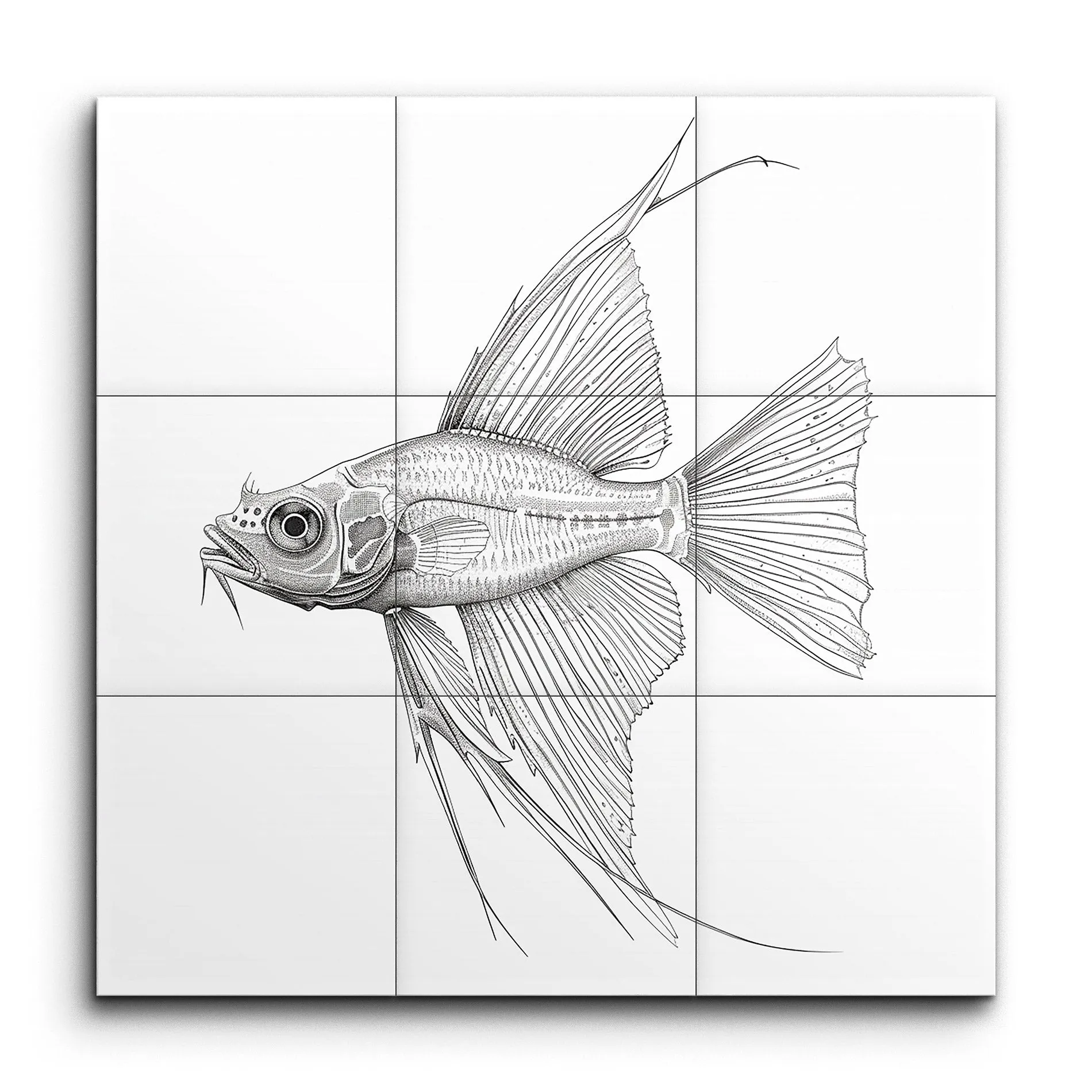 Monochrome Fish Elegance: Detailed Grey & Black Art