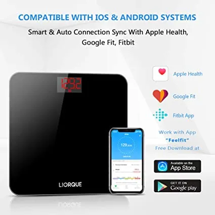 New in Box! Liorque Digital Body Weight Scale, Bathroom and BMI Scale with Smartphone App, 400 lb/180 kg, Black