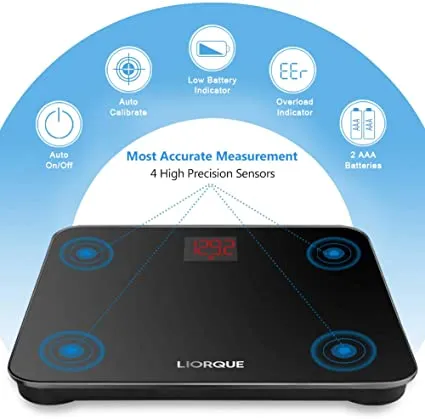 New in Box! Liorque Digital Body Weight Scale, Bathroom and BMI Scale with Smartphone App, 400 lb/180 kg, Black