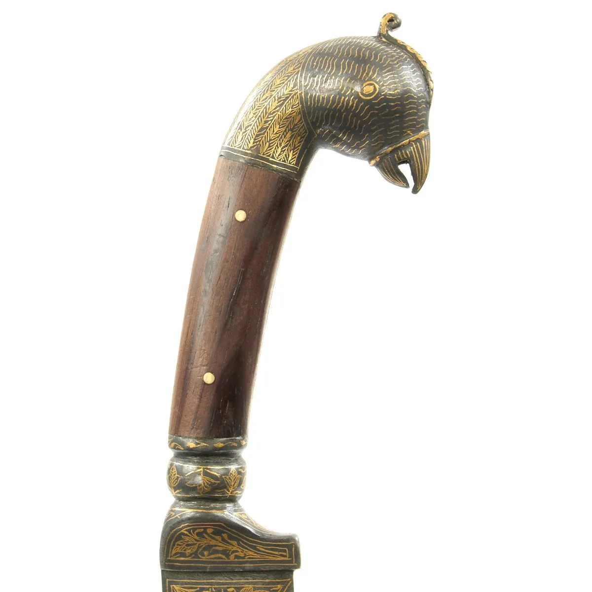 Original 19th Century Persian Gold-Inlaid Damascus Steel Double-Tongue Sword with Peacock Hilt