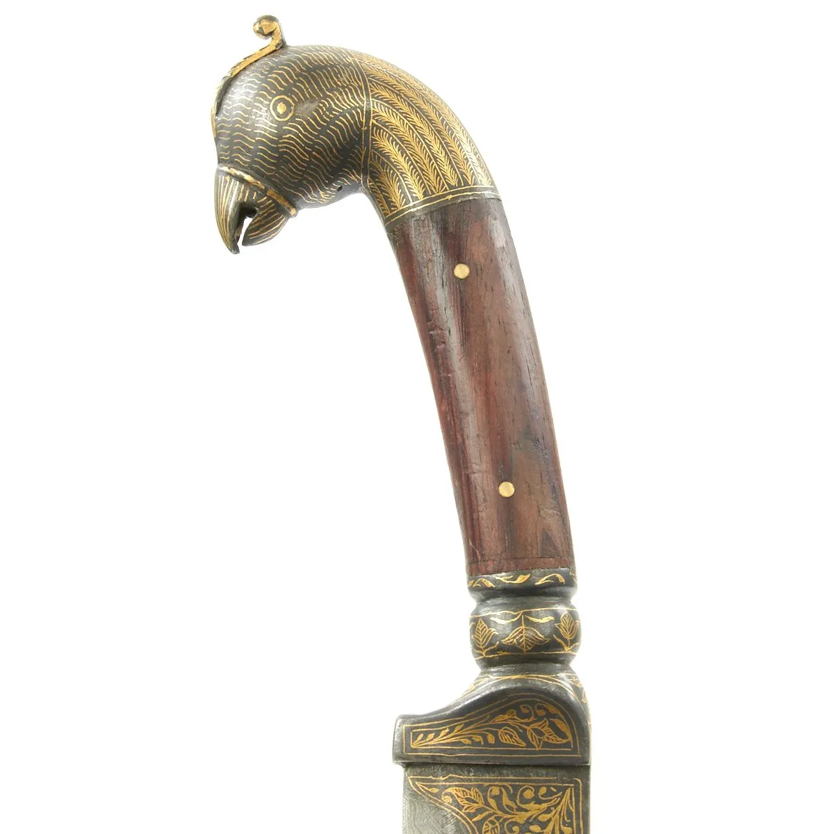 Original 19th Century Persian Gold-Inlaid Damascus Steel Double-Tongue Sword with Peacock Hilt