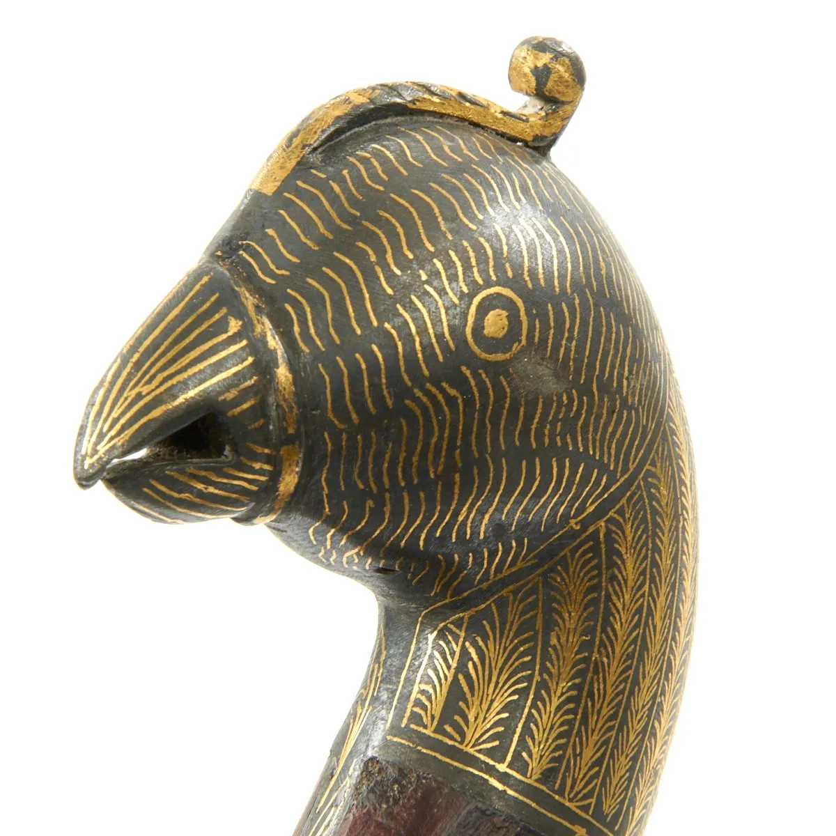 Original 19th Century Persian Gold-Inlaid Damascus Steel Double-Tongue Sword with Peacock Hilt
