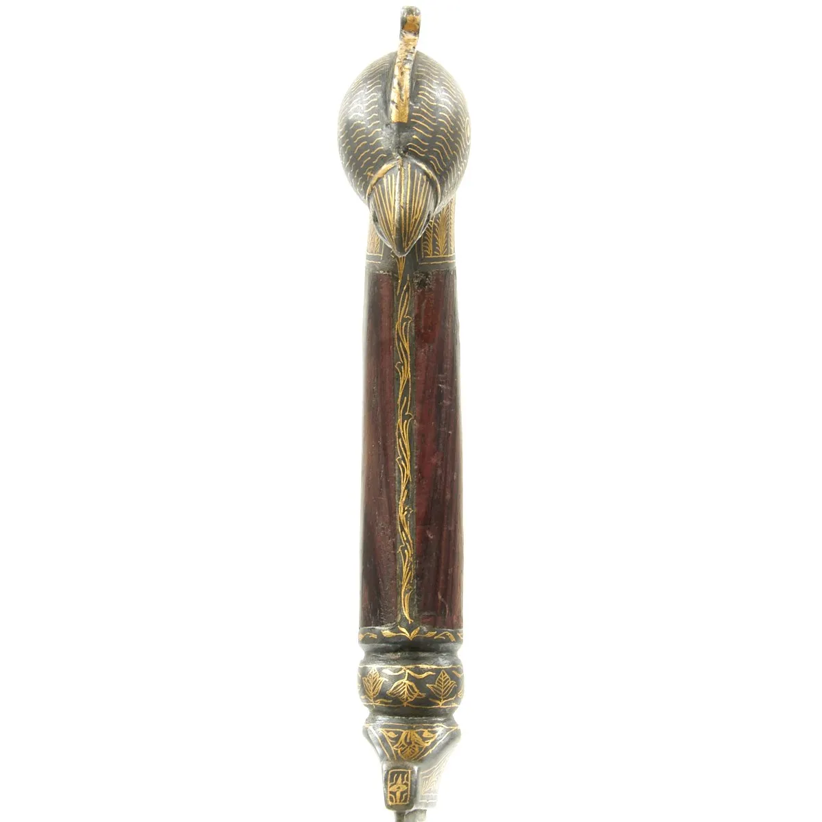 Original 19th Century Persian Gold-Inlaid Damascus Steel Double-Tongue Sword with Peacock Hilt