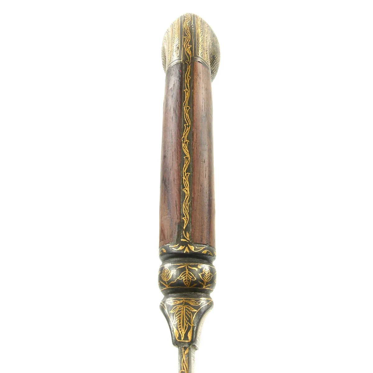 Original 19th Century Persian Gold-Inlaid Damascus Steel Double-Tongue Sword with Peacock Hilt