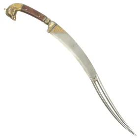 Original 19th Century Persian Gold-Inlaid Damascus Steel Double-Tongue Sword with Peacock Hilt