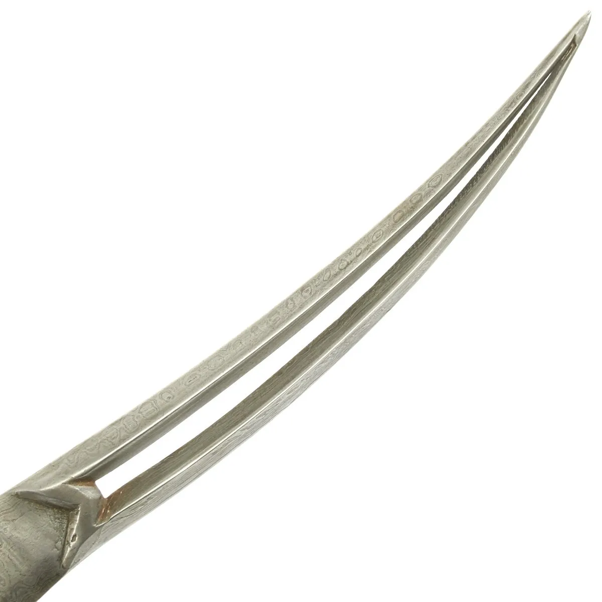 Original 19th Century Persian Gold-Inlaid Damascus Steel Double-Tongue Sword with Peacock Hilt