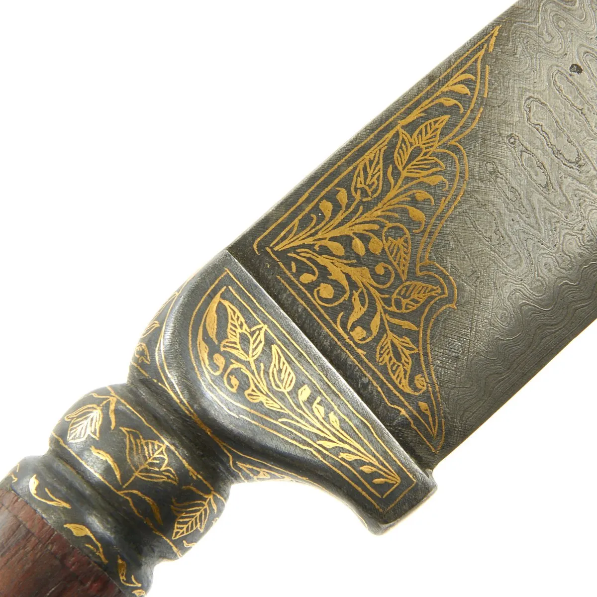 Original 19th Century Persian Gold-Inlaid Damascus Steel Double-Tongue Sword with Peacock Hilt