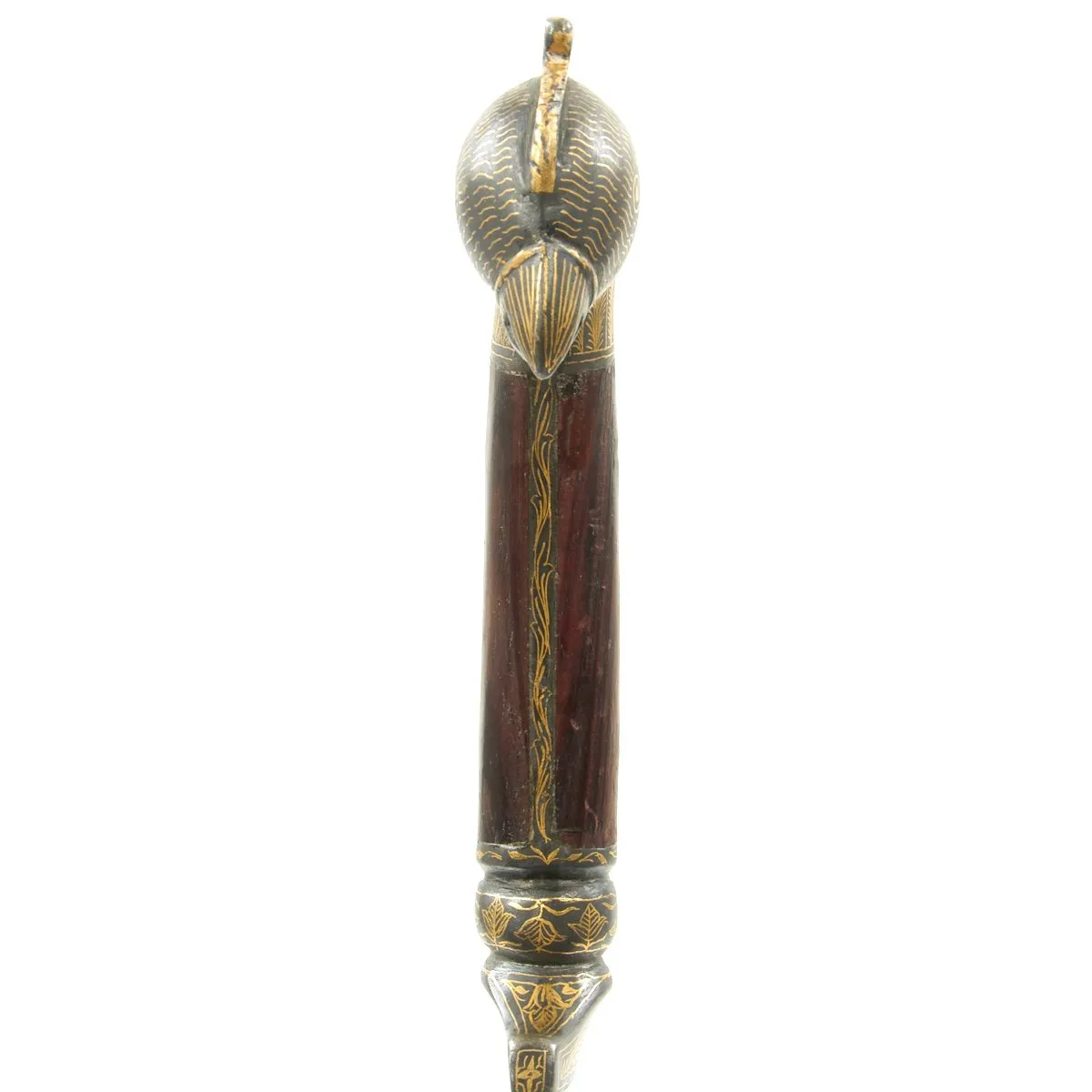 Original 19th Century Persian Gold-Inlaid Damascus Steel Double-Tongue Sword with Peacock Hilt