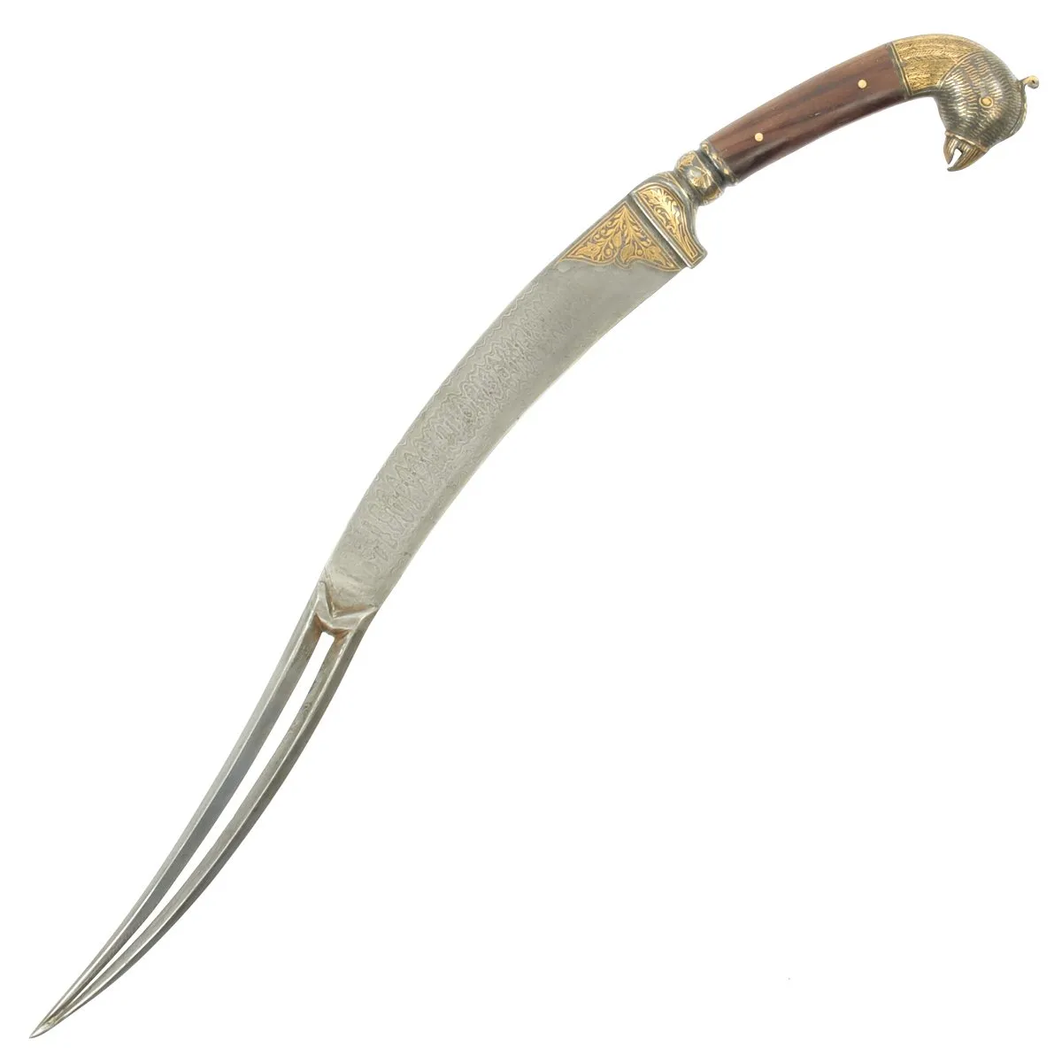 Original 19th Century Persian Gold-Inlaid Damascus Steel Double-Tongue Sword with Peacock Hilt
