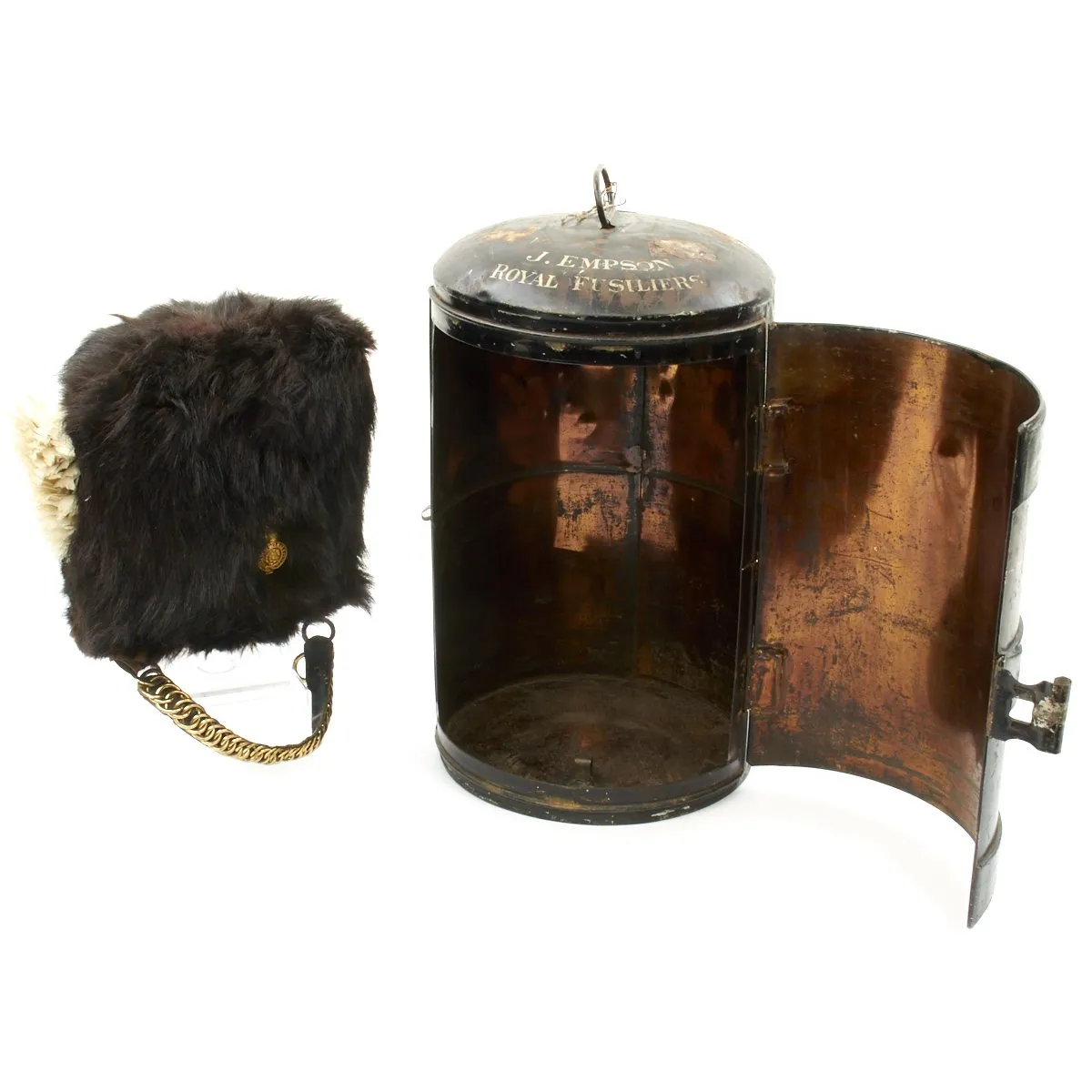 Original British Pre-WWI Named Royal Fusiliers Officer's Bearskin Helmet in Metal Transport Case