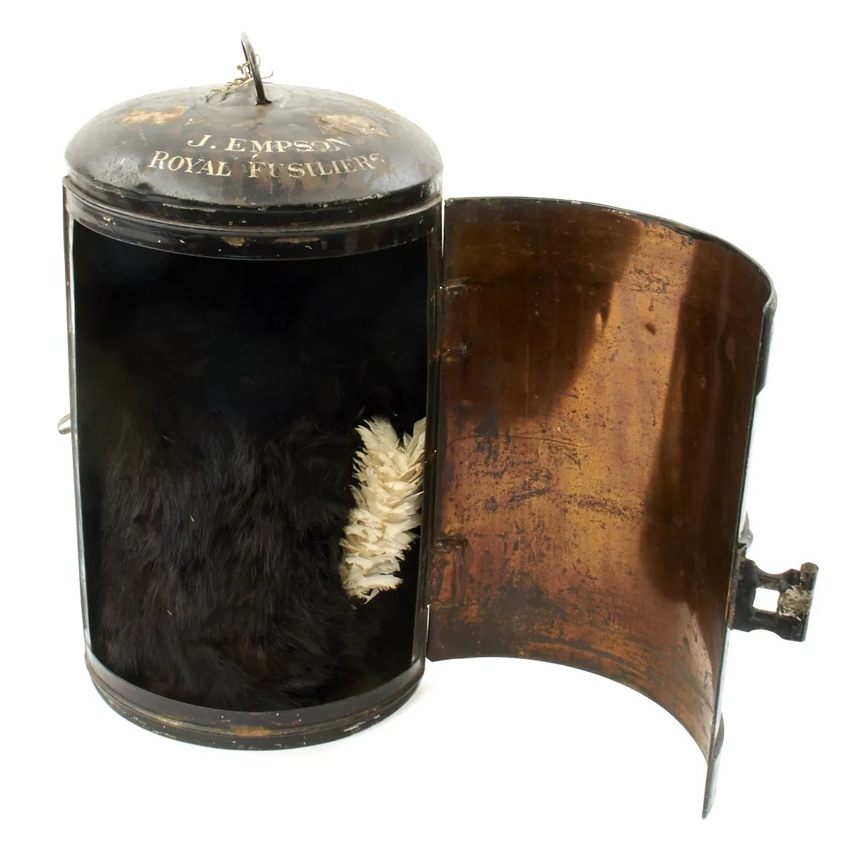 Original British Pre-WWI Named Royal Fusiliers Officer's Bearskin Helmet in Metal Transport Case