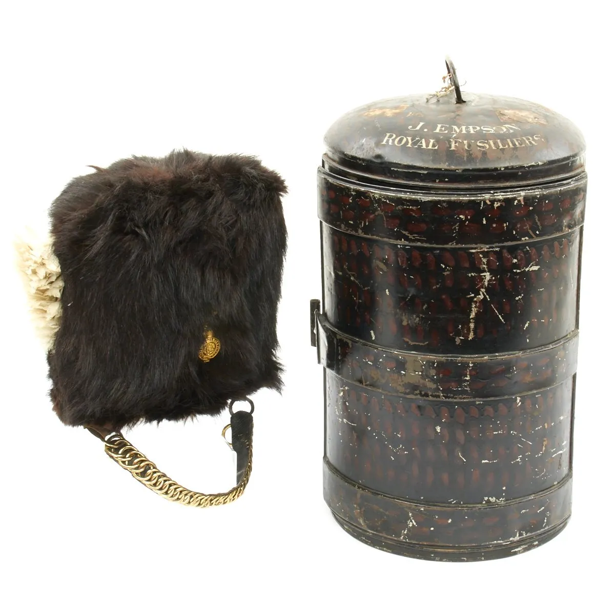 Original British Pre-WWI Named Royal Fusiliers Officer's Bearskin Helmet in Metal Transport Case