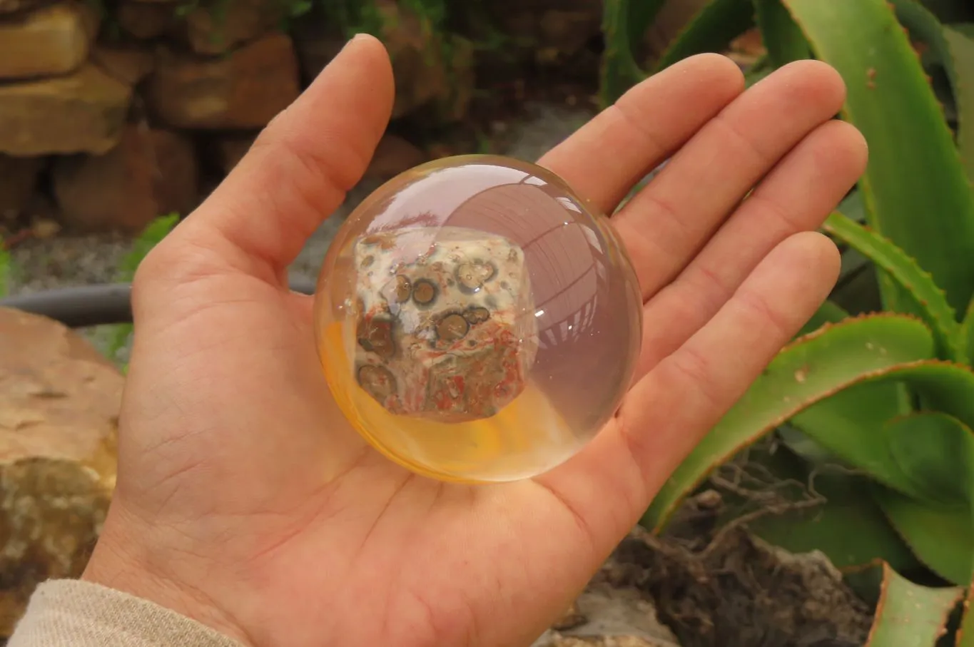 Polished Snakeskin Rhyolite Jasper cobbed piece in PVC Resin Paperweight Sphere - sold per item - From Australia