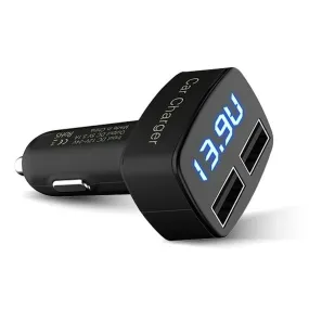 premium 4-in-1 Dual USB Car Charger Adapter, 3.1A Cigarette Lighter Voltage Volt Meter Monitor, Over Current Protection and Blue LED Display Voltage Amps & Temperature (Degrees Celsius)