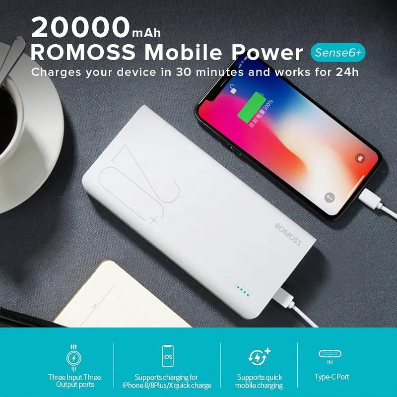 Romoss Sense6  20000mAh QC Type-C Power Bank - White