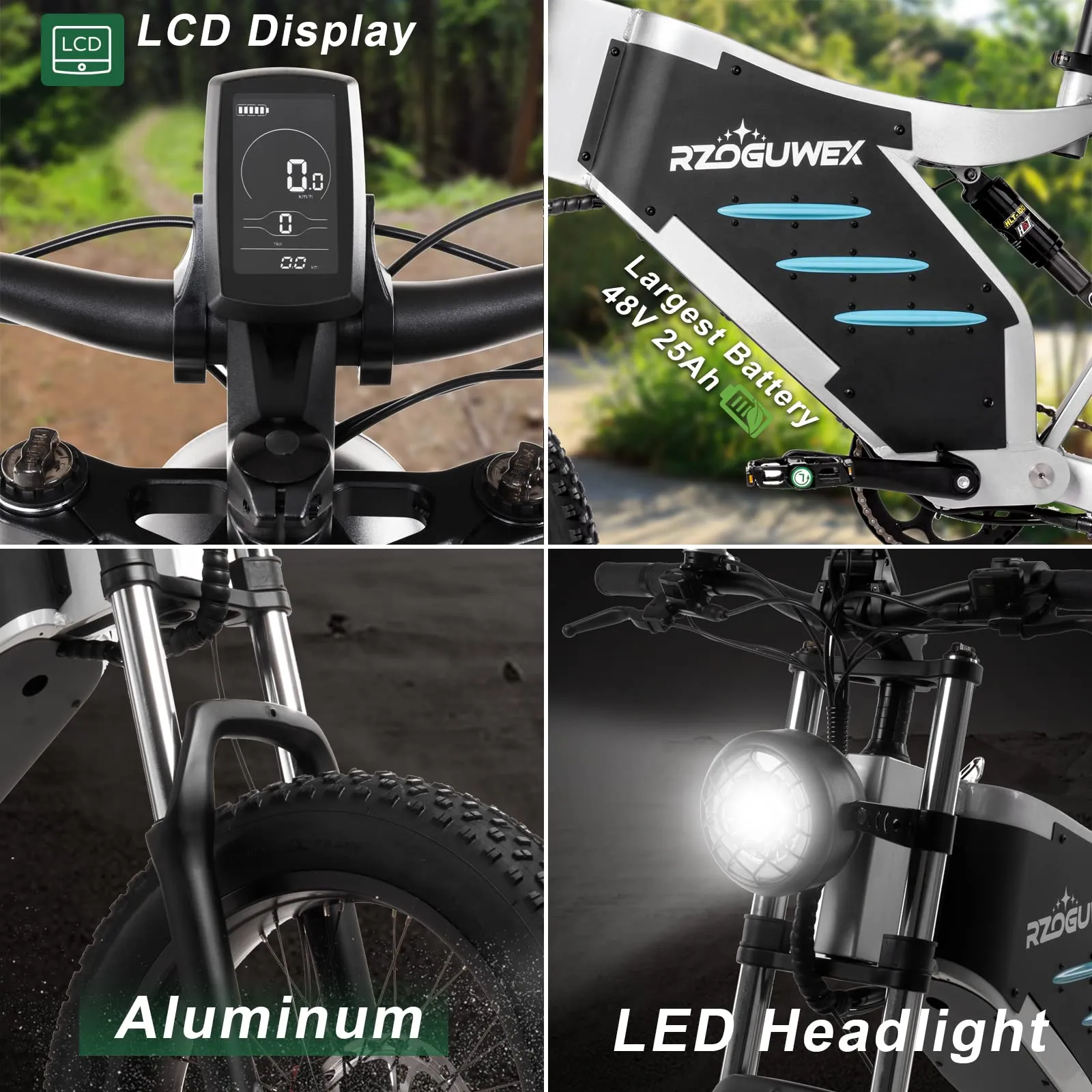 RZOGUWEX Electric Bicycle，20 Inch Off-Road EBIKE for Adults with 48V 25AH Detachable Lithium Ion Battery, 7 Speed Snow Bike with Dual Shock Absorbers and Brush-less Motor