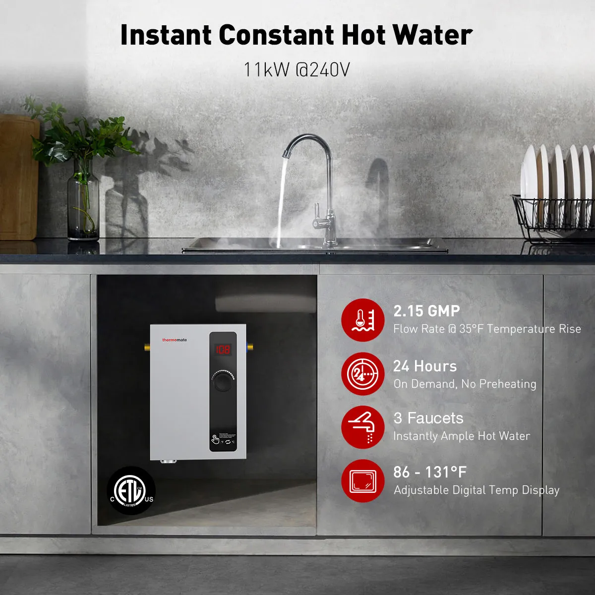 Side Connections Electric Tankless On Demand Hot Water Heater - 240V | 11kW