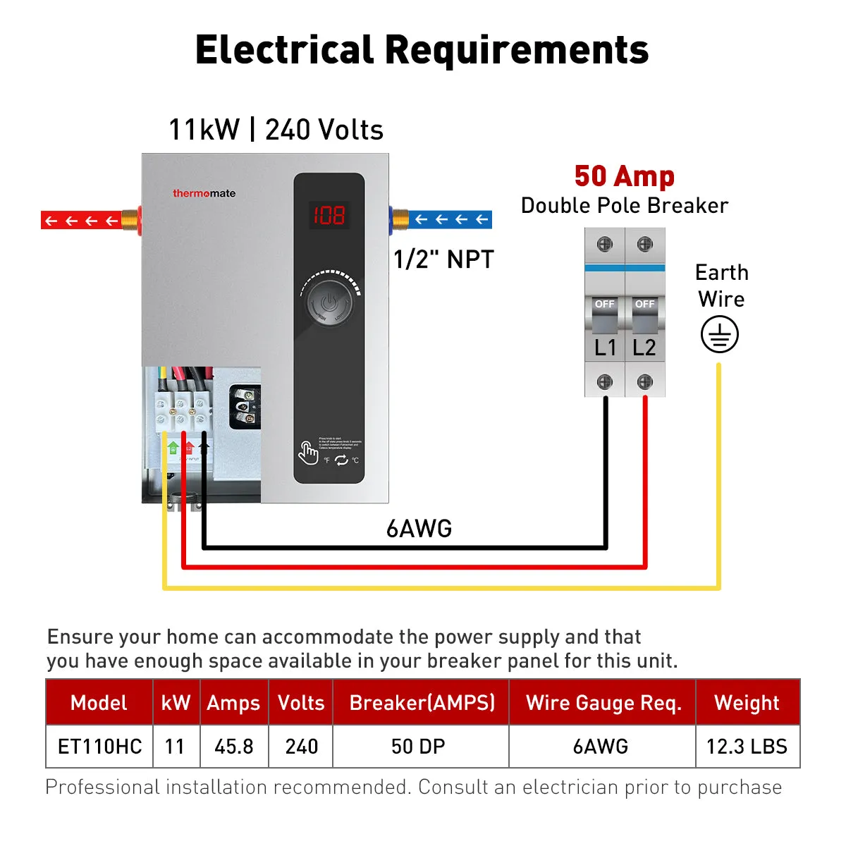 Side Connections Electric Tankless On Demand Hot Water Heater - 240V | 11kW