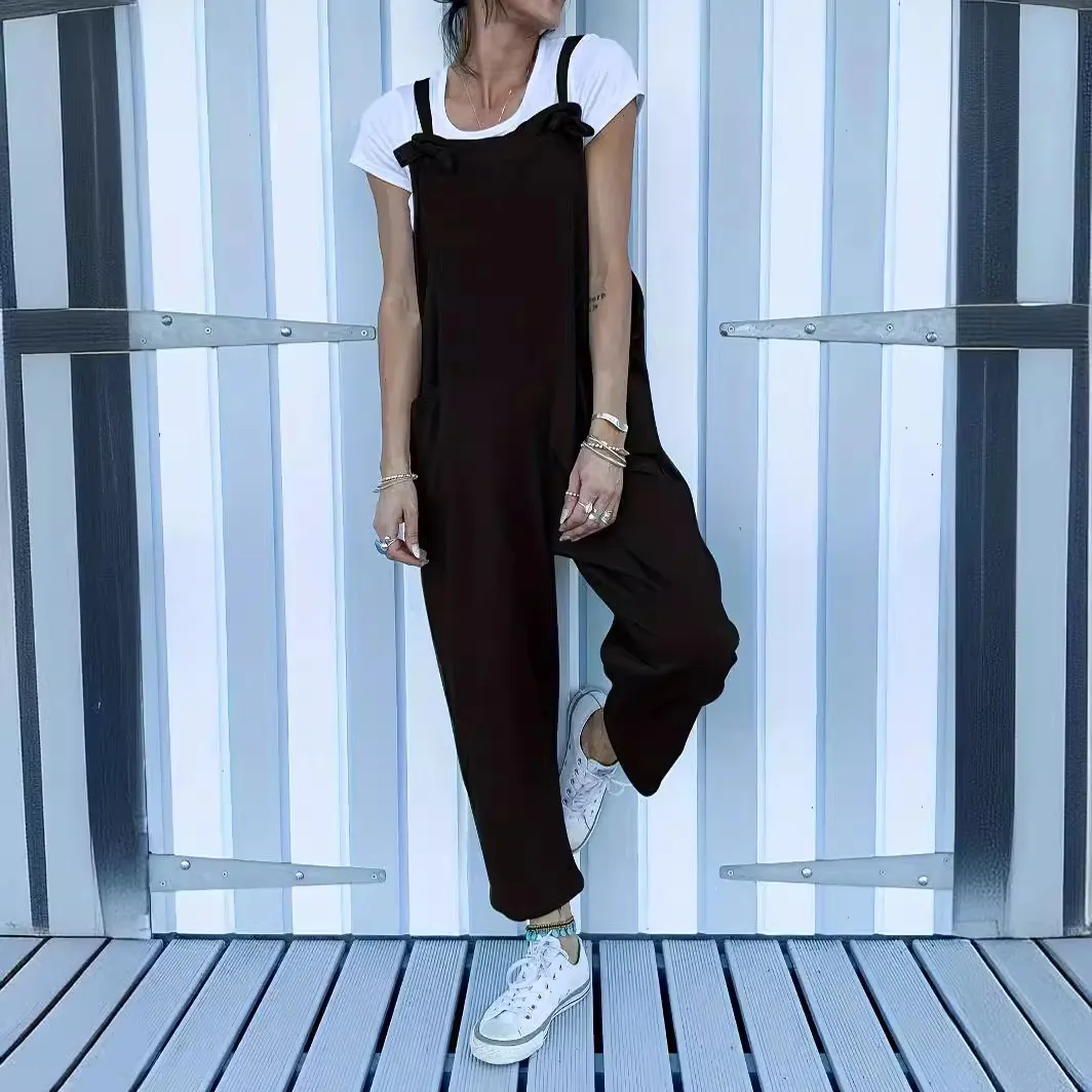 Solid Pocketed Tie Jumpsuit