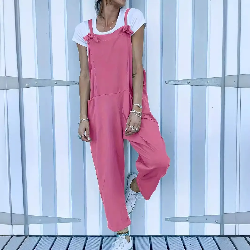 Solid Pocketed Tie Jumpsuit