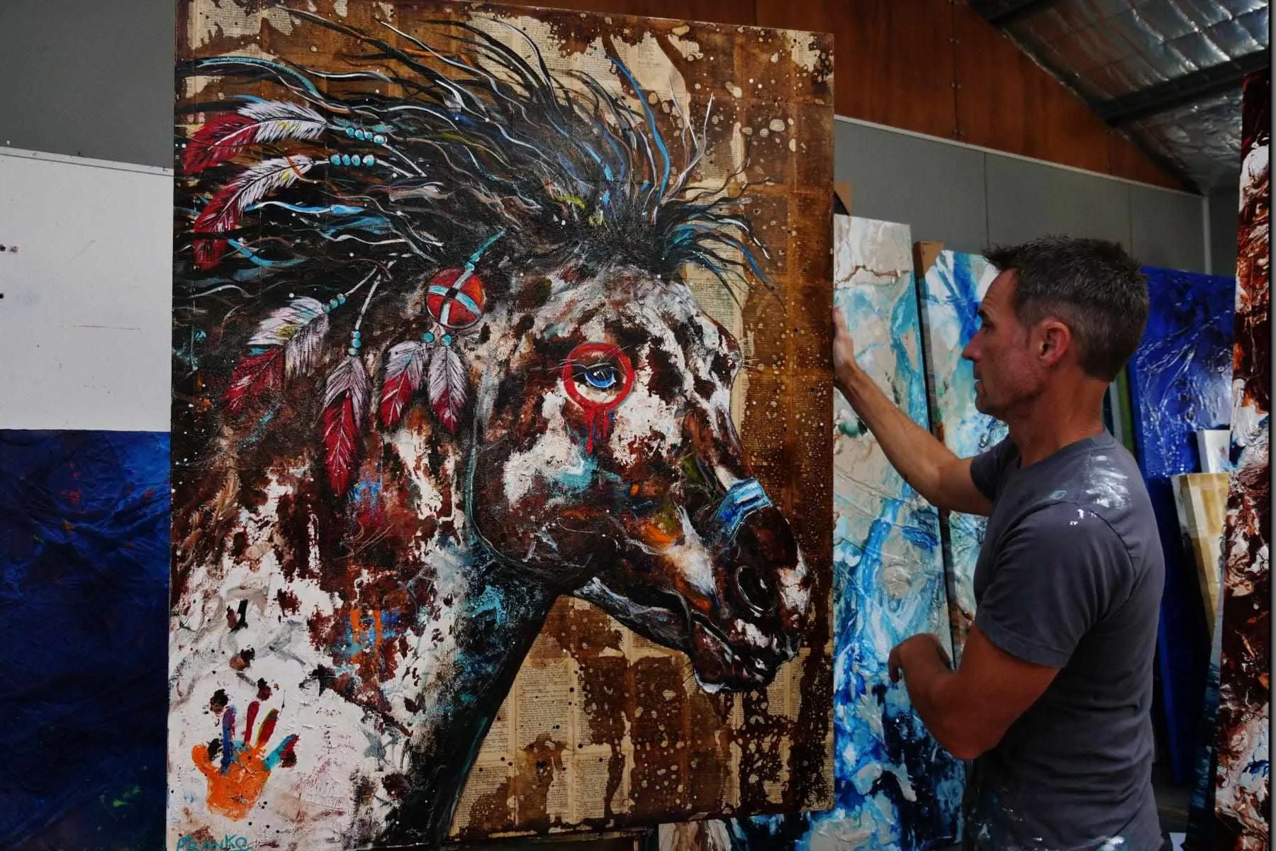 Sunset Ahiga 120cm x 150cm Indian War Horse Urban Pop Book Club Painting (SOLD)