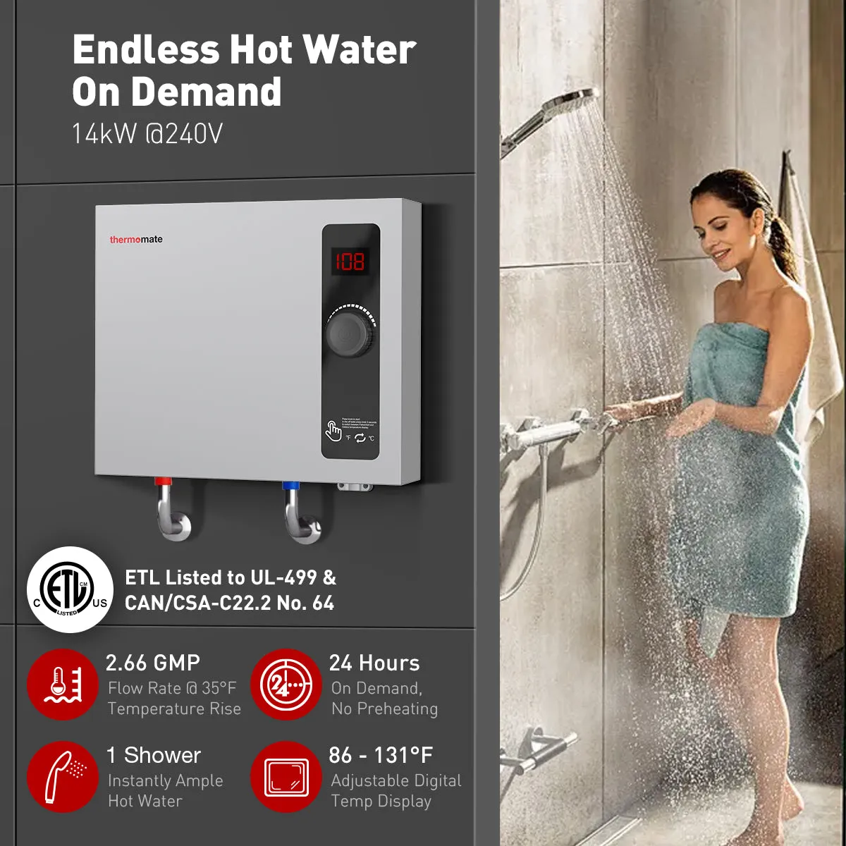 Tankless Electric On Demand Instant Hot Water Heater - 240V | 14kW
