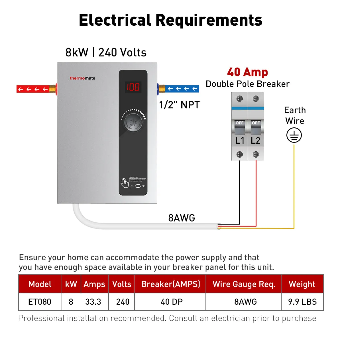 Tankless Electric On Demand Instant Hot Water Heater - 240V | 8kW