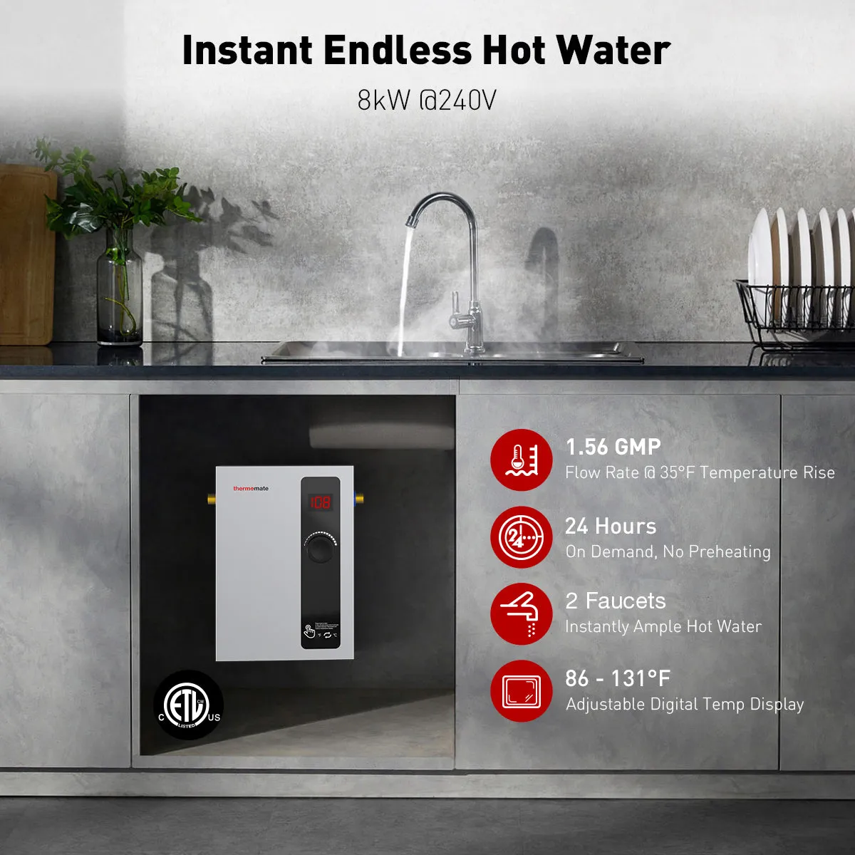 Tankless Electric On Demand Instant Hot Water Heater - 240V | 8kW