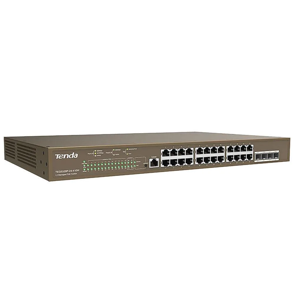Tenda TEG5328P-24-410W L3 Managed Rackmount PoE Switch 24 Ports 10/100/1000Mbps   4 Ports Gigabit SFP   Console Port