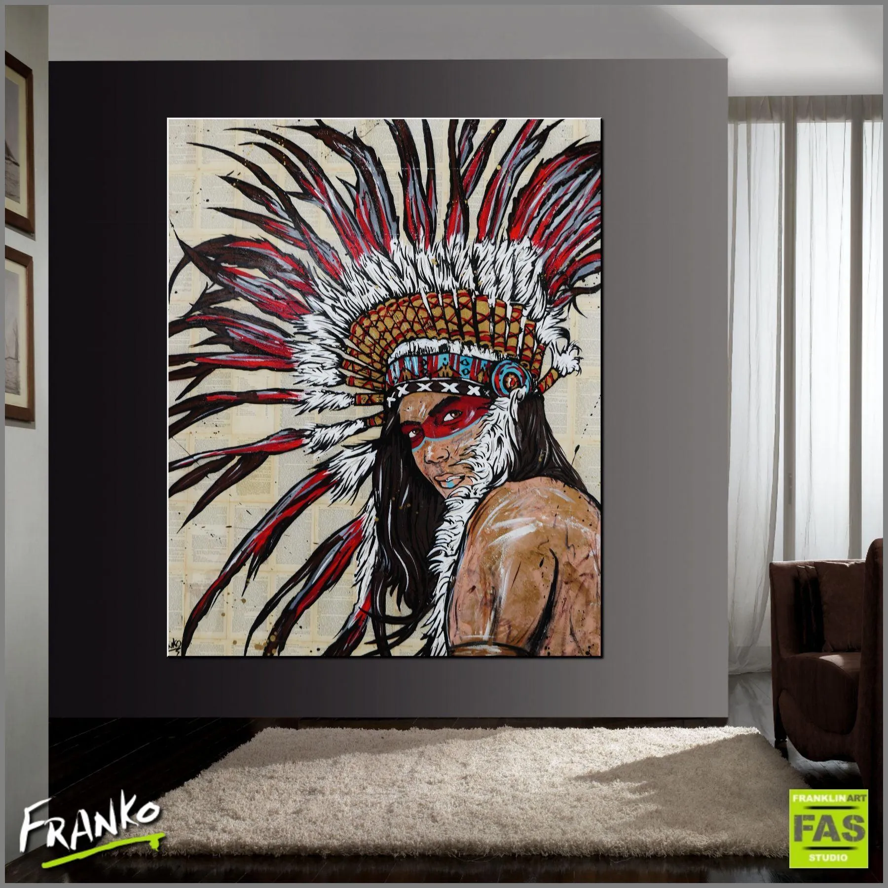 The Warrior 120cm x 150cm Indian Chief Vintage Book Pop art Painting (SOLD)