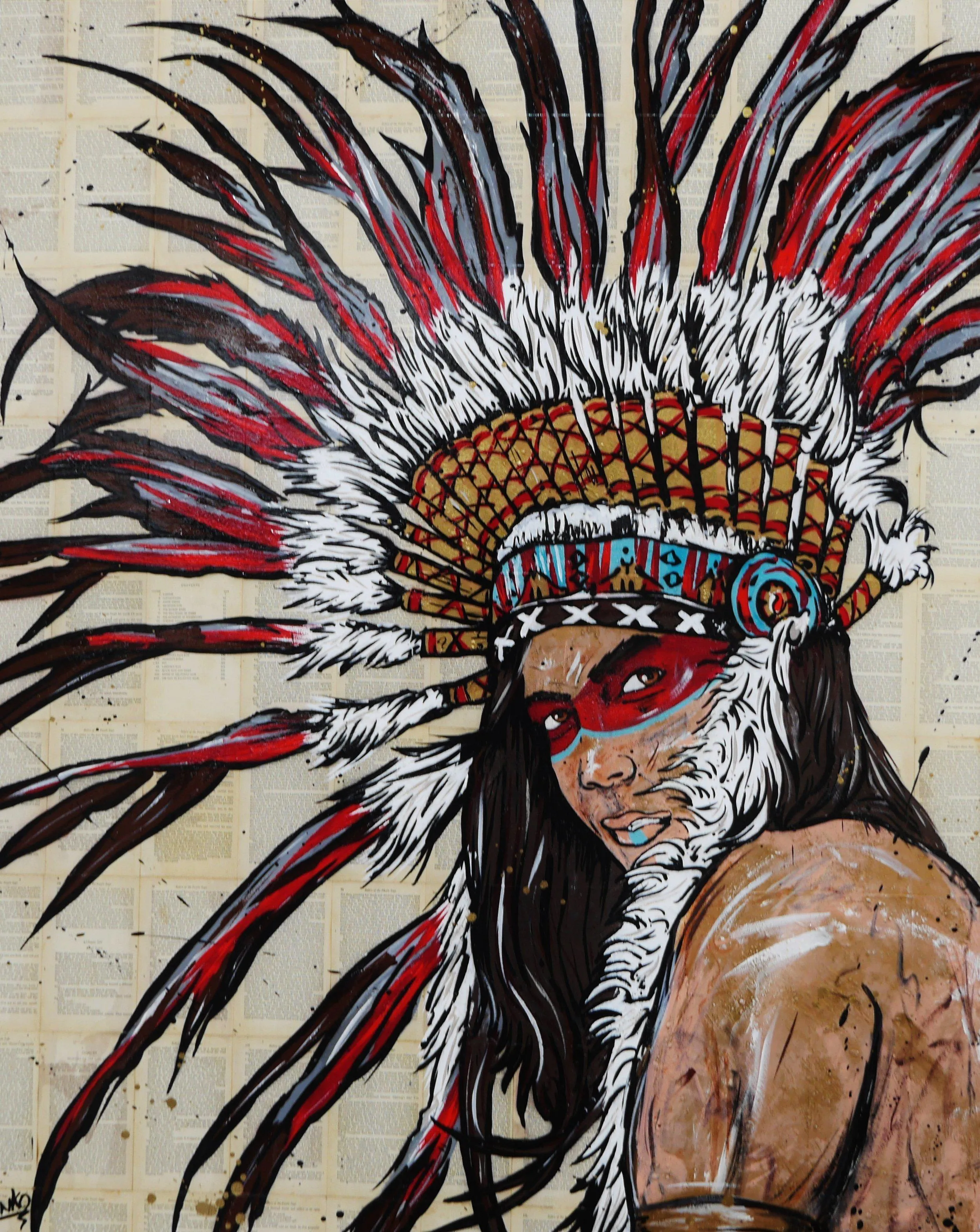 The Warrior 120cm x 150cm Indian Chief Vintage Book Pop art Painting (SOLD)