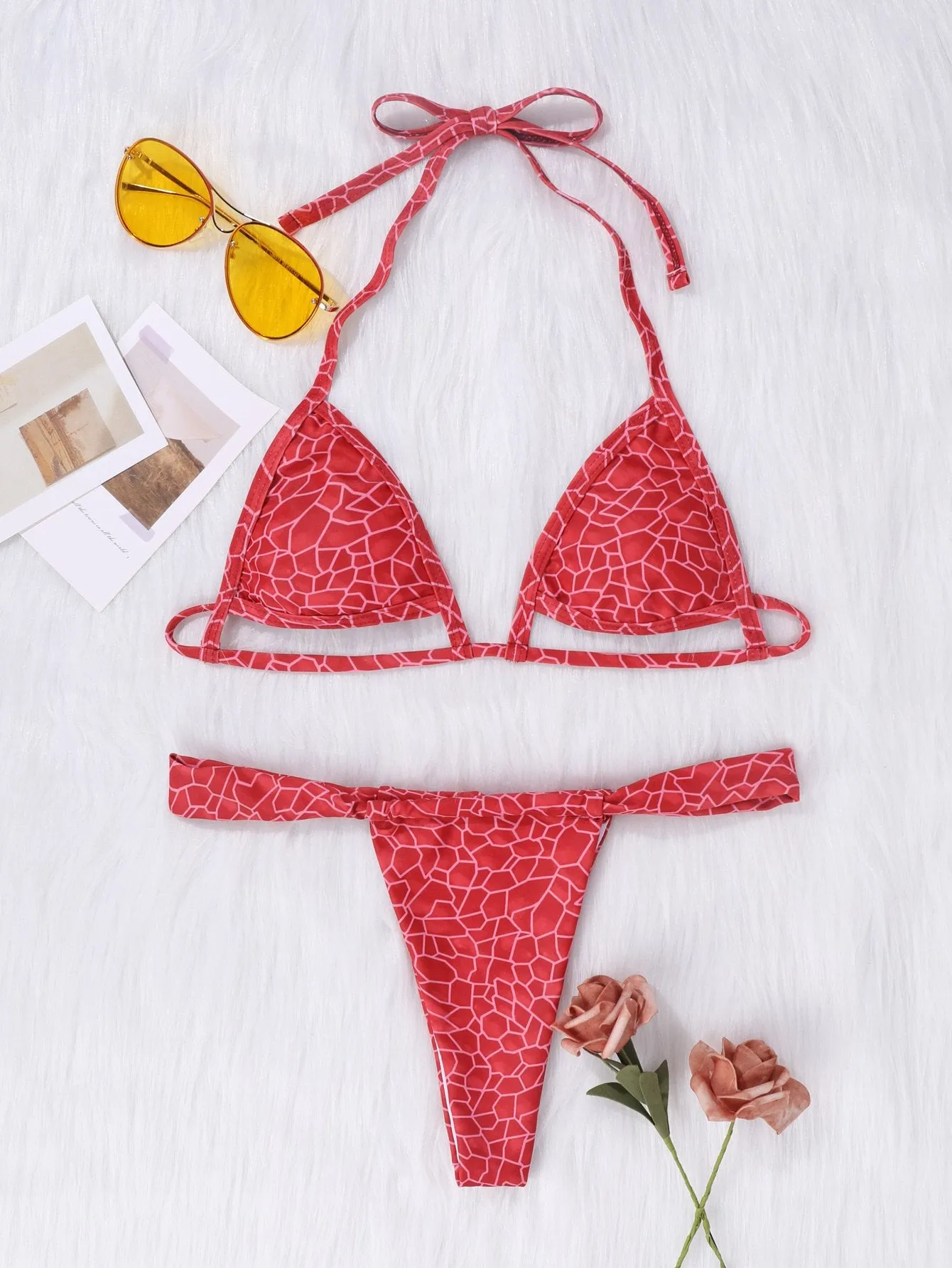 Upopby Scales Print Halter String Bikini Swimsuit
