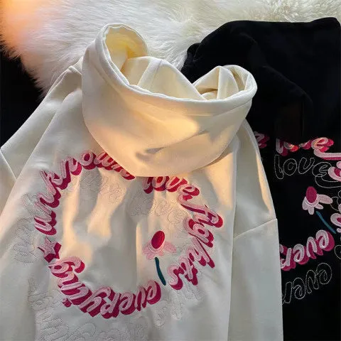 Wenkouban drip outfit men Embroidered Sweater Coat Women's Autumn New Korean Style Loose Casual All-Match Cardigan Hooded Long-Sleeved Top