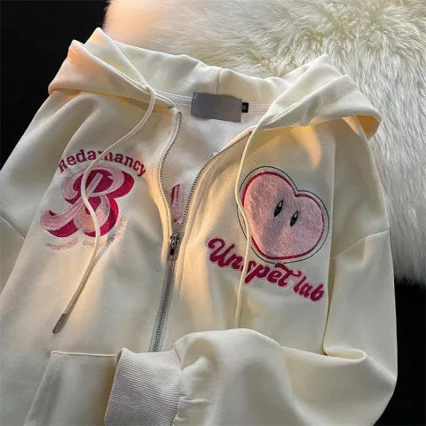 Wenkouban drip outfit men Embroidered Sweater Coat Women's Autumn New Korean Style Loose Casual All-Match Cardigan Hooded Long-Sleeved Top