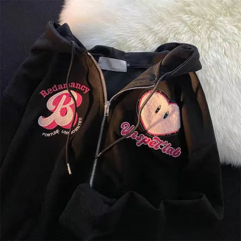 Wenkouban drip outfit men Embroidered Sweater Coat Women's Autumn New Korean Style Loose Casual All-Match Cardigan Hooded Long-Sleeved Top